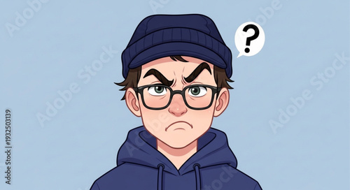 Young man with glasses and a beanie hat looking confused and angry.