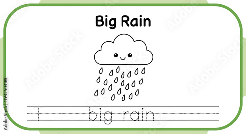 Cute Cloud Raining Big Drops, Educational Handwriting Practice Sheet for Kids