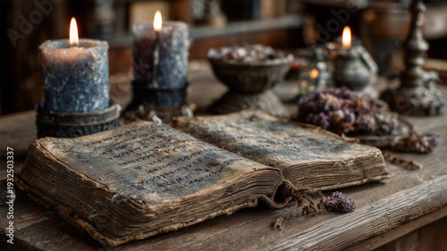 Mystical ancient book reveals glowing runes in an enchanted library