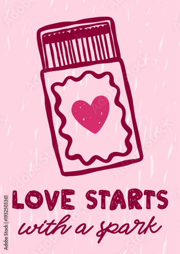 Whimsical Valentines Day vintage vector card design. Retro love romantic pink poster with matchbox and heart illustration
