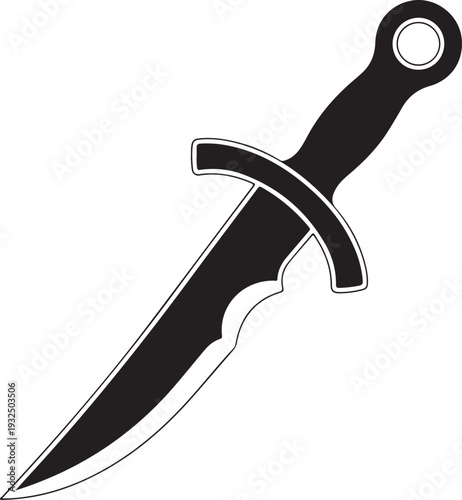 Black silhouette of a medieval dagger with a round pommel and crossguard knife blade sharp