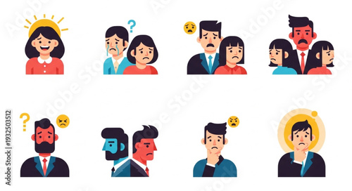 Diverse emotional expressions of people in various situations and scenarios.