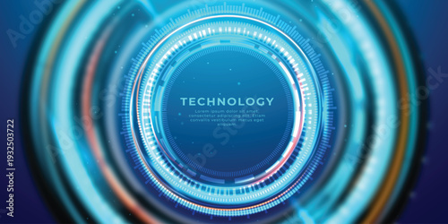 Neon light blue circle portal with electronics elements and wires are on a futuristic technology circuit board. Technology sky-fi background. Round glowing HUD with space for text. Vector tech bg.