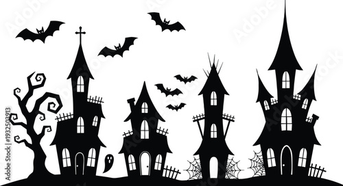 Spooky Halloween Haunted House Silhouette Vector Illustration with Bats, Ghost and Creepy Tree, Black and White Gothic Castle Scene Isolated on White Background