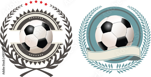 Two soccer logos with laurel wreaths and balls