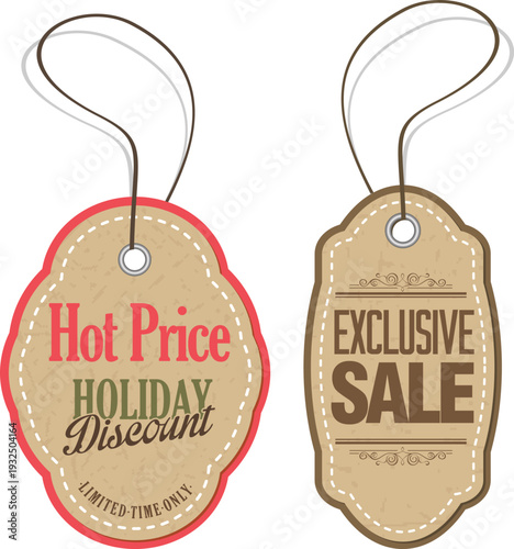 Two brown sale tags with hot price and exclusive sale text