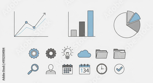 Data visualization and business analytics icons representing growth and information.