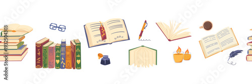 Seamless border frame with vintage books, open pages, feather quill, ink bottle, coffee cup. Cozy reading, writing adhesive tape in dark academia style. Vector illustration for wrapping, scrapbooking