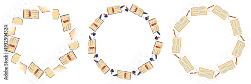 Books circle frames set. Poet core. Poster with vintage books, feather, ink. Writer aesthetic. Vector template with blank copy space for bookstore, bookshop, library, postcard, invitation, book club