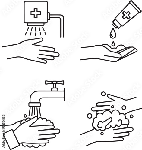 Four panel of hand washing steps with soap and water and sanitizer hygiene sanitation