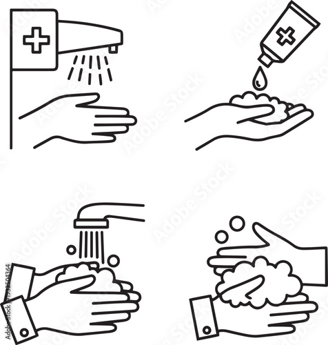 Four line showing hand washing steps with soap and water hygiene faucet