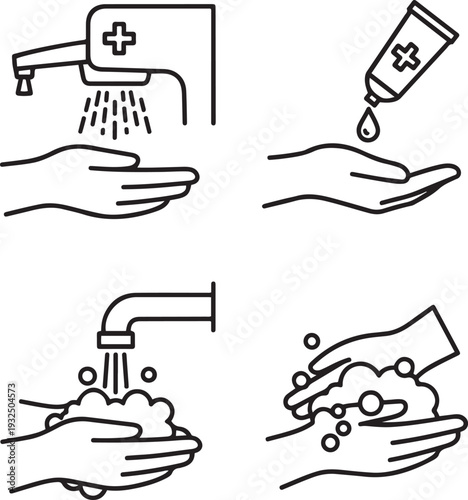Four step set for hand washing and sanitizing with water soap and gel hand washing hand sanitizing water faucet