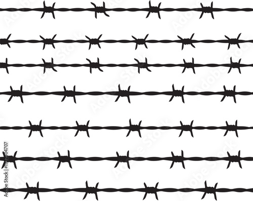 Seamless pattern of black barbed wire against a white background fence security protection barrier