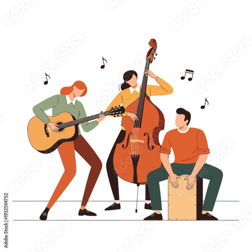 Musicians Playing Guitar, Double Bass, and Cajon Drum in a Band