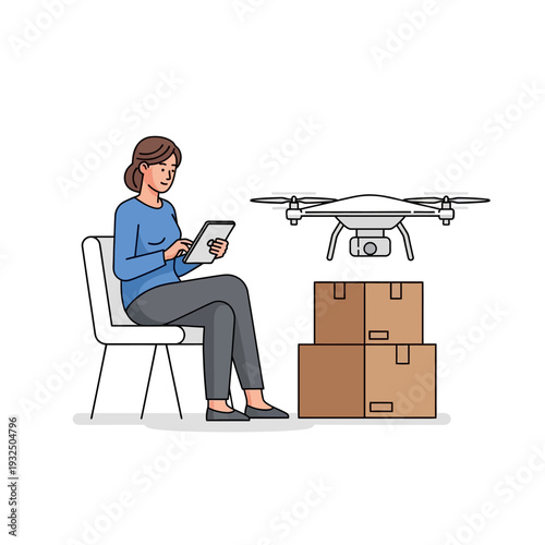 Woman controlling drone delivery with tablet, packages ready for transport