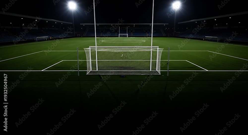 Fototapeta premium Illuminated Gaelic Football Pitch at Night with Goalposts and Floodlights.