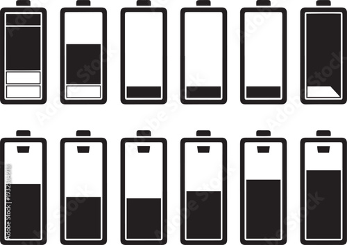 Set of black battery showing different charge levels power energy full