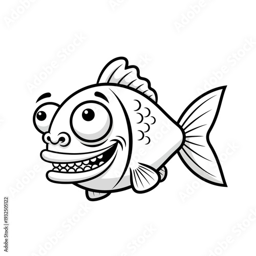 Funny cartoon fish with big eyes and wide smile, black and white illustration