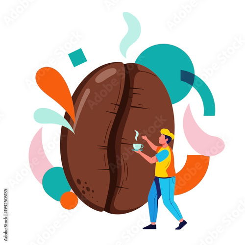 Giant Coffee Bean & Person Holding Cup, Abstract Shapes, Aroma Steam, Coffee Break Concept