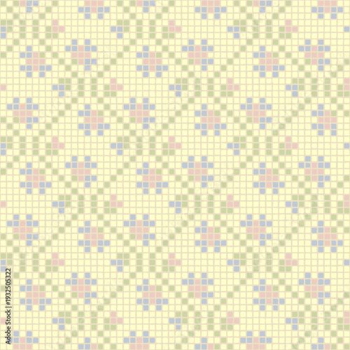 flowers of blue and pink hand drawn squares. vector seamless pattern. spring repetitive background. modern decorative pixel art. beige fabric swatch. textile design. embroidery template. home decor