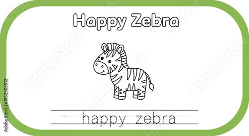 Cute Happy Zebra Outline for Coloring Page, Educational Kids Animal Illustration