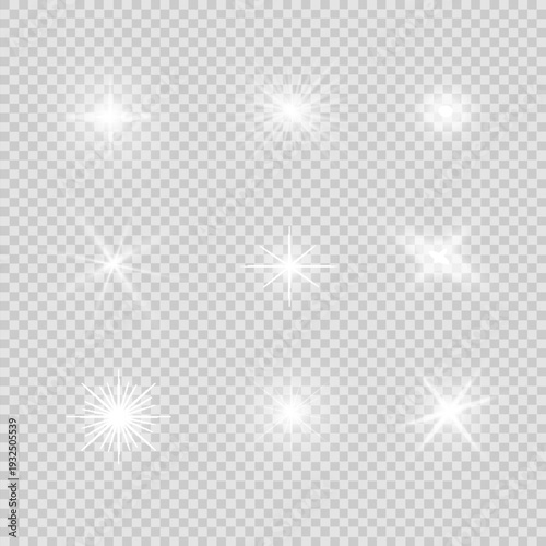 Glow isolated white transparent starlight effect set, lens flare, explosion, line, sun flash, glitter, spark and stars