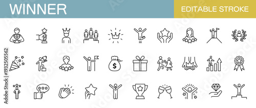 勝者・受賞・成功・優勝に関するラインアイコンセット（線幅変更可能）