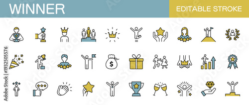 勝者・受賞・成功・優勝に関するラインアイコンセット（線幅変更可能・カラー）