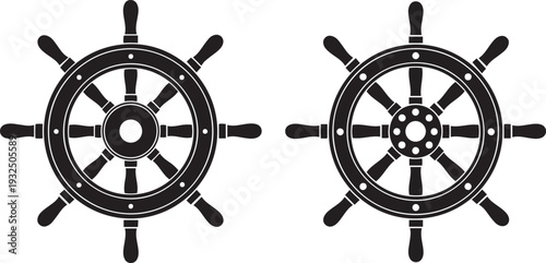 Two black ship steering wheels with white accents on a white background ship wheel nautical marine boat