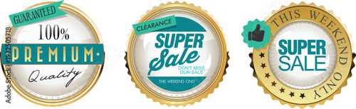 Three gold and white sale badges for premium products