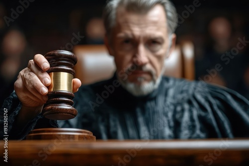 Solemn judge in robe raising wooden gavel above courtroom bench in a decisive moment of judgment