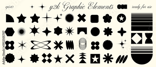 Graphic minimalist brutalist geometric shapes, objects. Vector oval, circles, star figures in futuristic style. Collage contemporary silhouette grids.