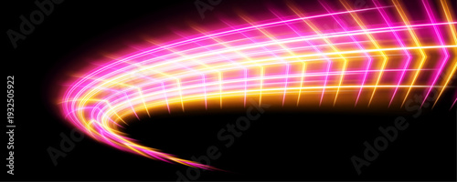 Rainbow speed trail twists rapidly across the scene, leaving glowing curved paths with fine spark particles. vector