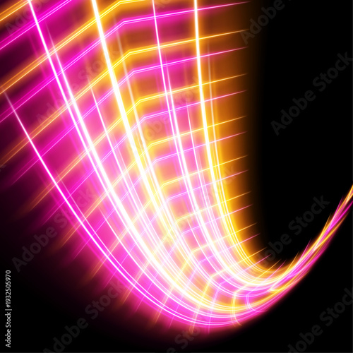 A vibrant rainbow motion trail arcs across the scene, leaving glowing luminous paths with subtle spark highlights. vector