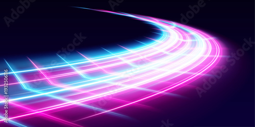 Multicolor speed line twists elegantly, forming soft glowing curved paths with tiny spark particles. Futuristic motion accent. vector