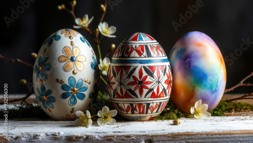 Wallpaper Mural Three beautifully decorated Easter eggs with intricate patterns and floral designs on a rustic surface Torontodigital.ca