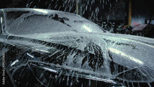 Wallpaper Mural Close-up of a dark car being washed with foamy soap and water spray Torontodigital.ca