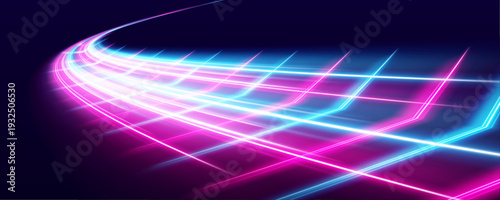 A luminous rainbow speed trail arcs smoothly, leaving glowing motion blur and scattered tiny spark particles. vector
