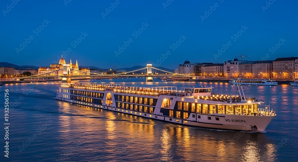 Obraz premium Illuminated River Cruise Ship Navigates Danube River at Dusk in Budapest.
