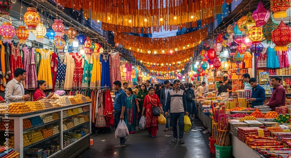 Fototapeta premium Vibrant Indian Market Scene with Colorful Lanterns and Shoppers.