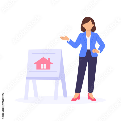 Open House Hosting, Welcoming visitors during property showcase event, Flat vector character illustration