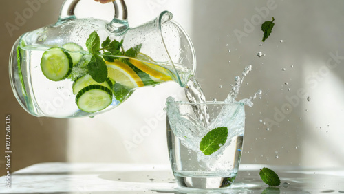 Wallpaper Mural Refreshing cucumber lemon mint infused water being poured into a glass with a splash Torontodigital.ca