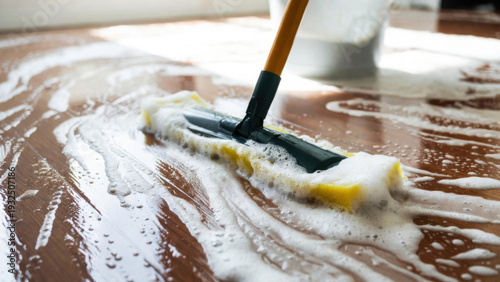 Wallpaper Mural Close-up of a mop cleaning a foamy wooden floor with sunlight streaming in Torontodigital.ca