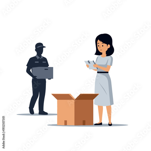 Delivery man hands package to woman checking document near open box