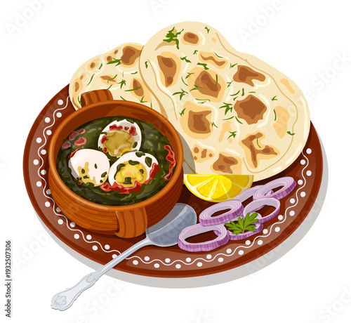 Authentic Indian Spinach Egg Curry (Palak) Served with Fresh Naan Flatbread, Sliced Red Onions, and Lime on a Traditional Earthen Thali Plate Illustration