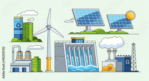 Sustainable energy sources - wind turbines, solar panels, and hydroelectric power.