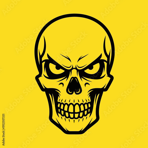 Evil Skull Face with Angry Eyes, Black Outline on Yellow Background