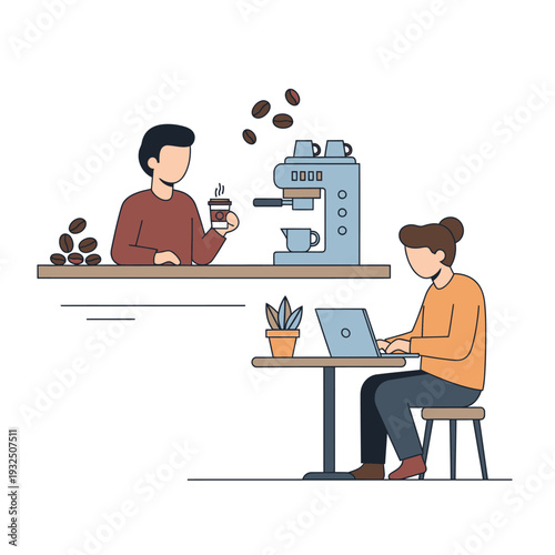People enjoying coffee and working remotely in a cafe, modern lifestyle concept