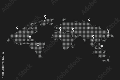 World map with location pins and connection lines representing global logistics and tracking. Flat vector illustration of international shipping, supply chain, and global trade.