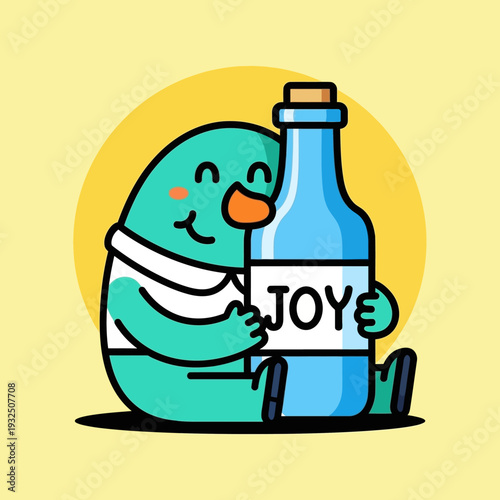 Cute cartoon character hugging a bottle labeled "JOY", symbolizing happiness and positivity